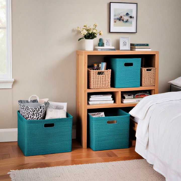 teal storage bin and basket for bedroom