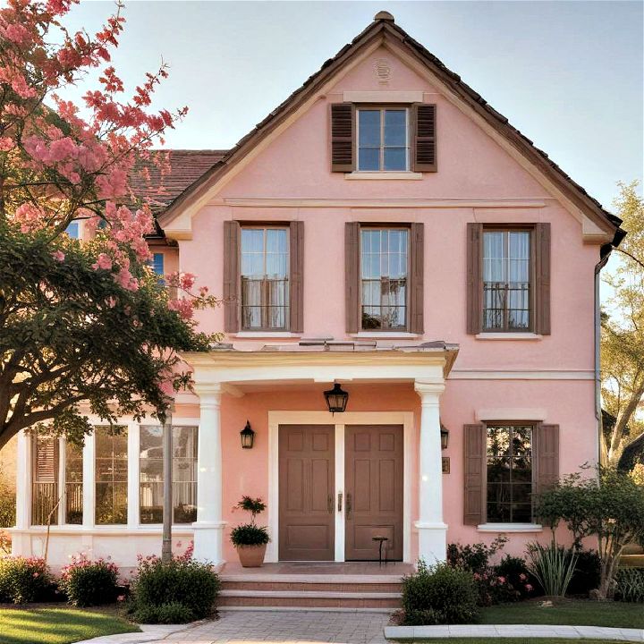 terracotta pink with light brown shutters