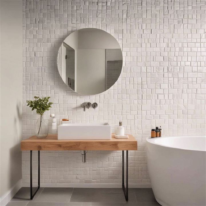 textured white tile bathroom
