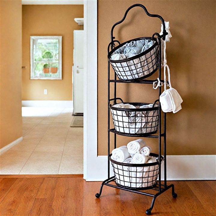 tiered baskets to store rolled up towels