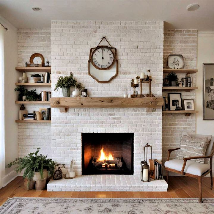 traditional whitewashed brick fireplace