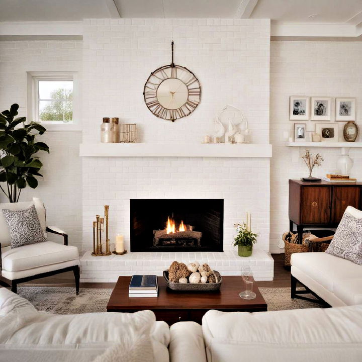 transitional white brick fireplace design