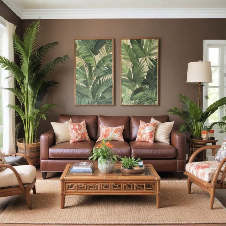 tropical paradise living room with dark brown couch