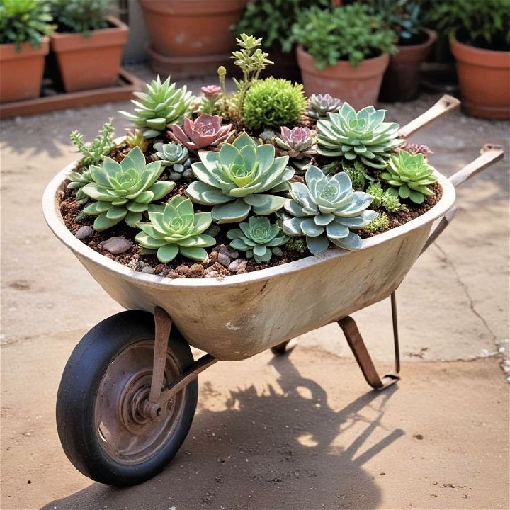 turn an old wheelbarrow into a mobile succulent garden