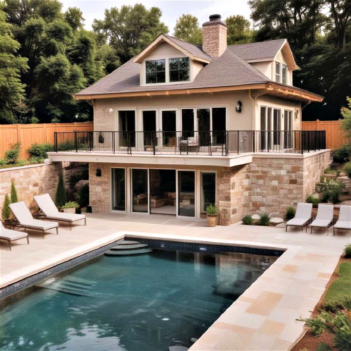 two story pool house with a rooftop deck