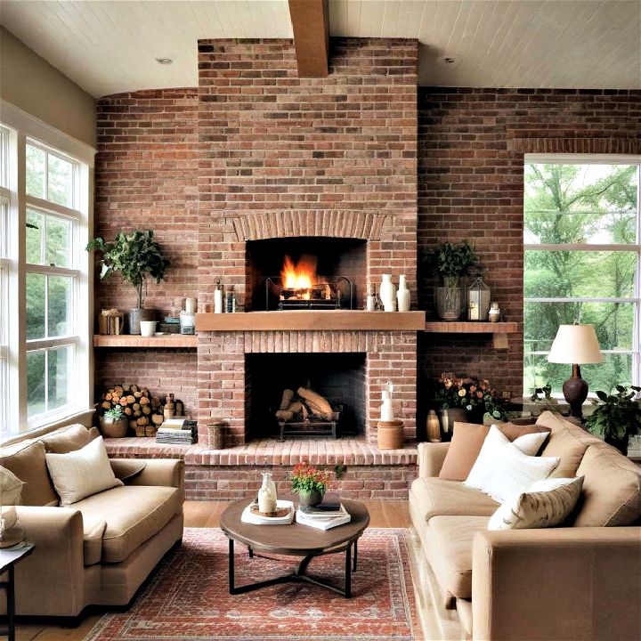 unique architectural double decker brick fireplace