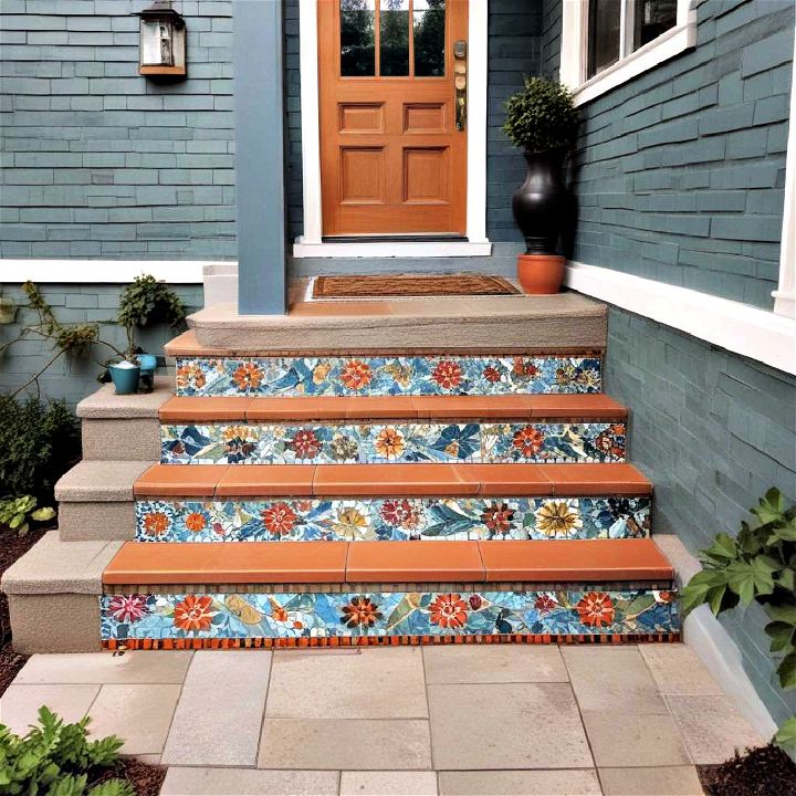 unique front step with a mosaic design