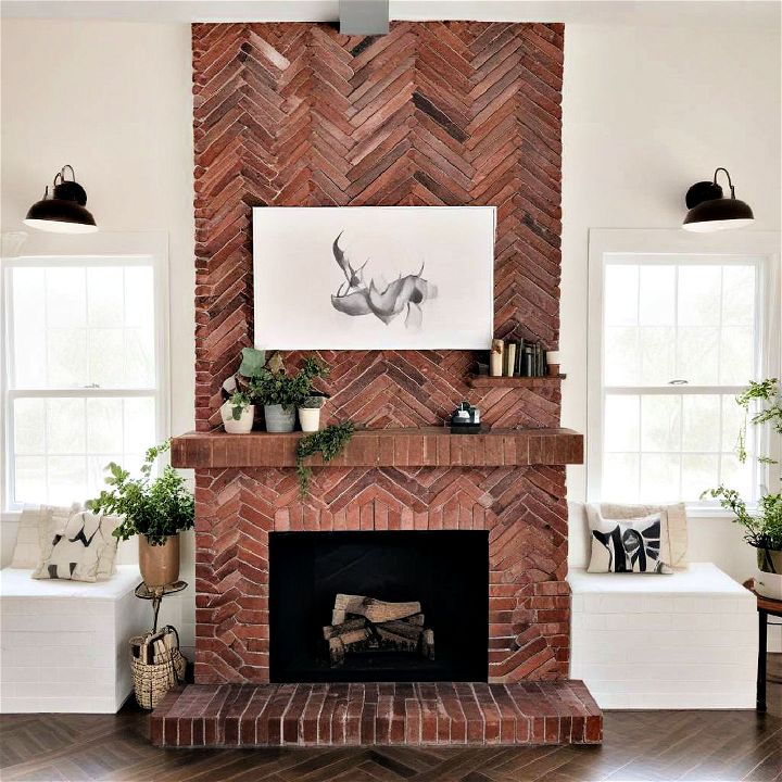 unique herringbone brick fireplace