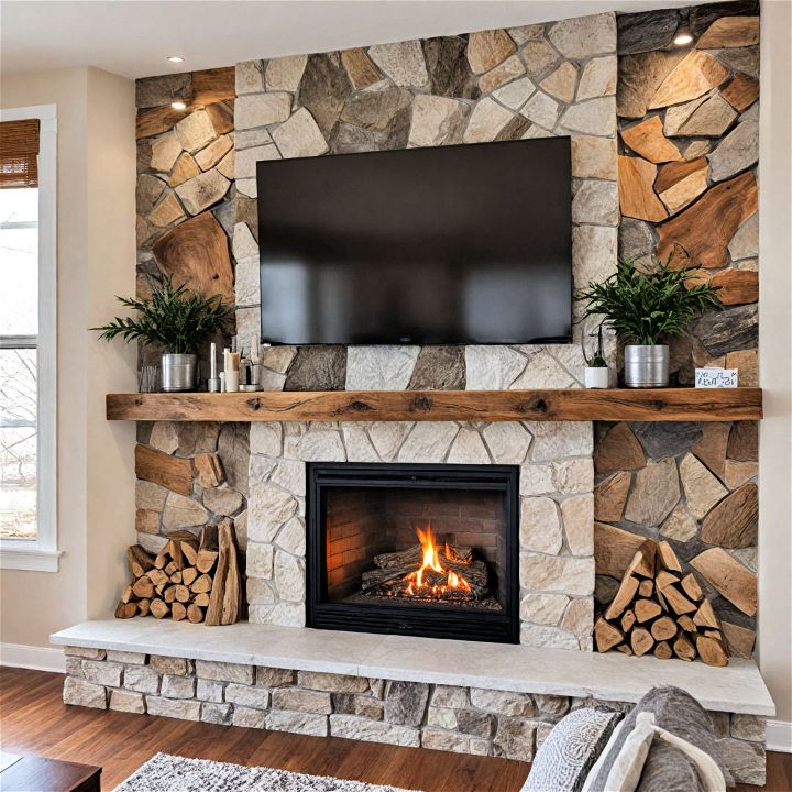 unique live edge wood fireplace wall
