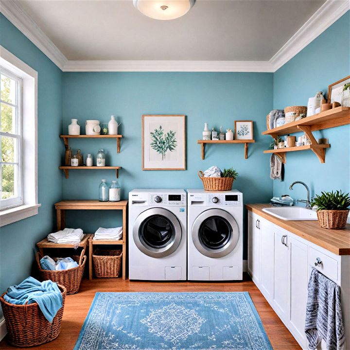 vibrant aqua blue laundry room