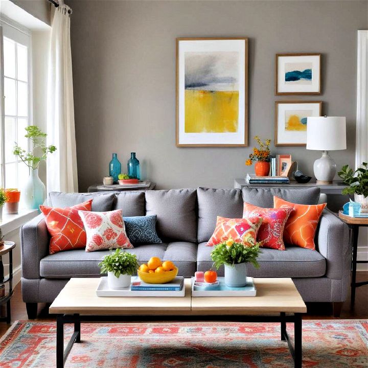 vibrant cushions for grey couch living room