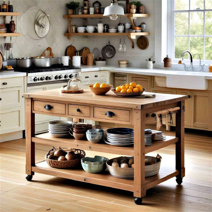 vintage baker’s table island with historical appeal
