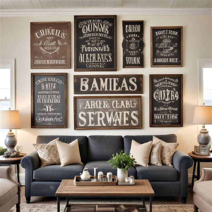 vintage signage for farmhouse living room idea