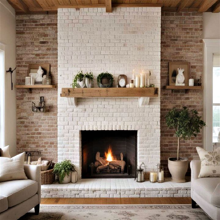 vintage whitewash brick fireplace