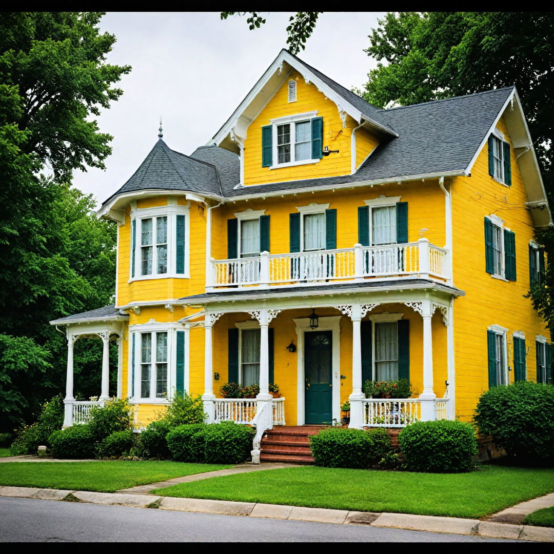 vintage yellow exterior with dark green contrast