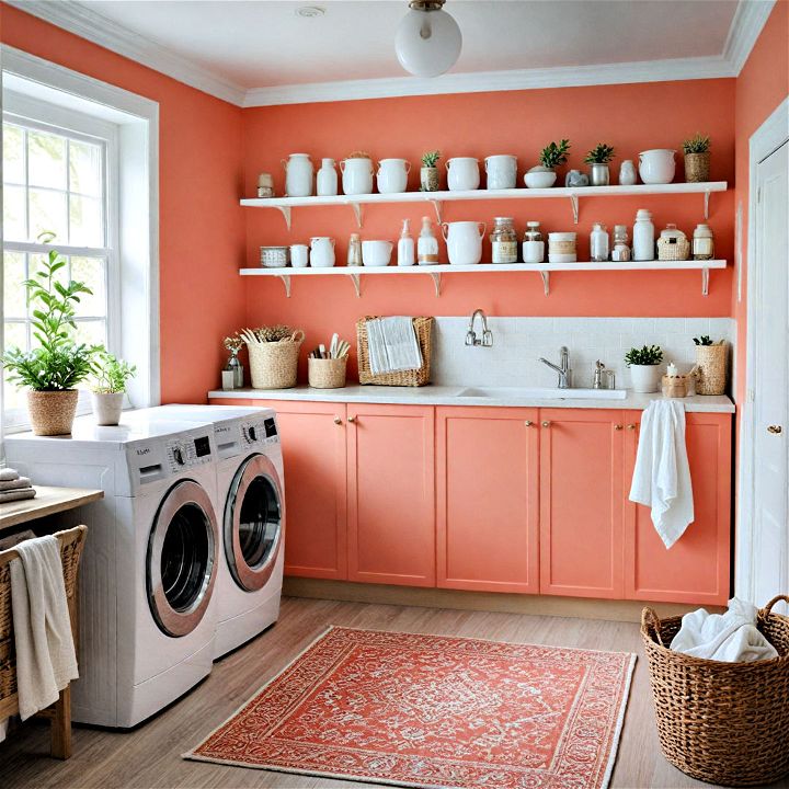 warm and inviting coral laundry room