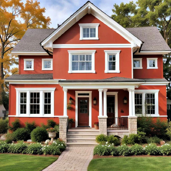 warm brick red house with white highlights