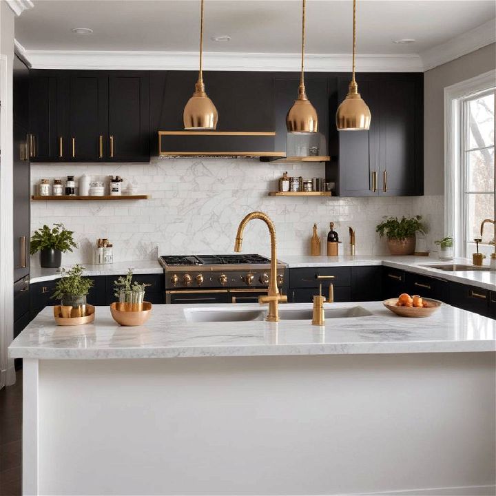 warm metallic black and white kitchen