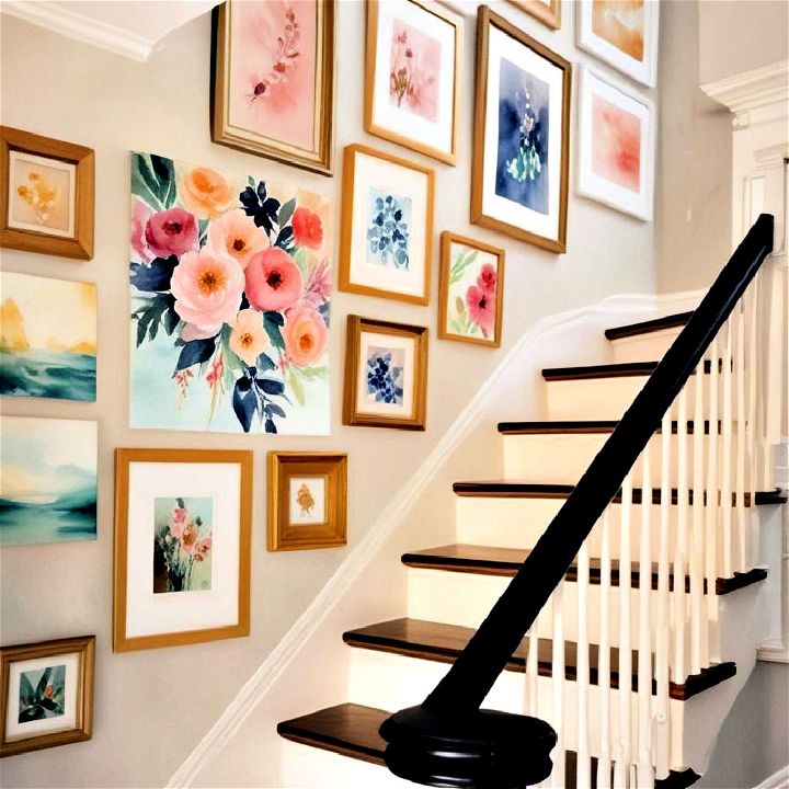 watercolor gallery on staircase wall