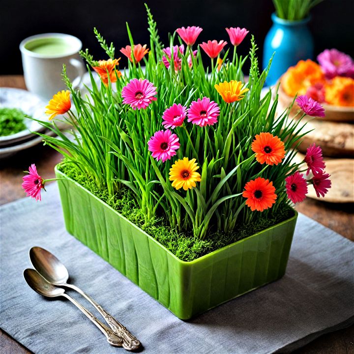 wheatgrass and blooms spring centerpiece