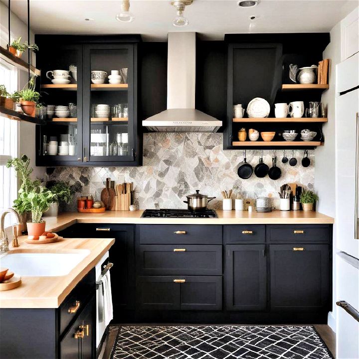 whimsical kitchen with black cabinets