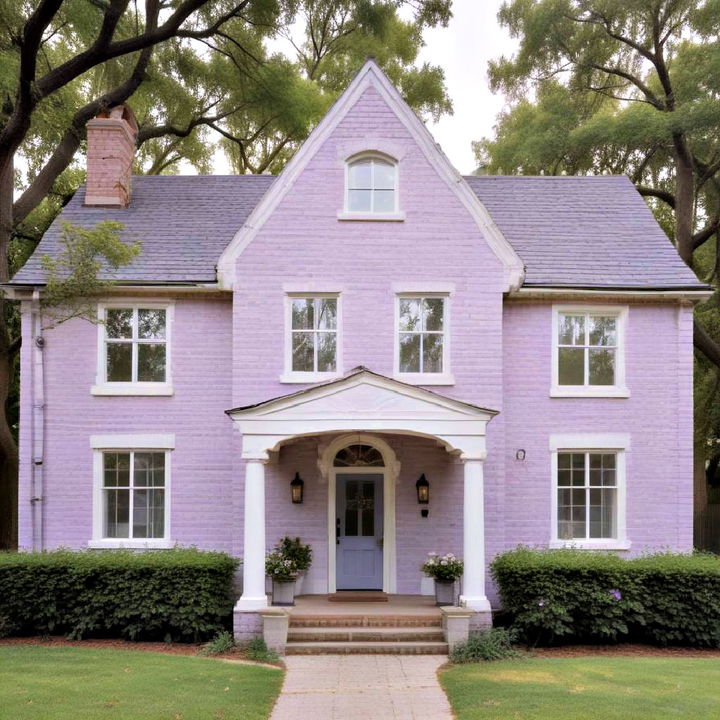 whimsical lavender painted brick house