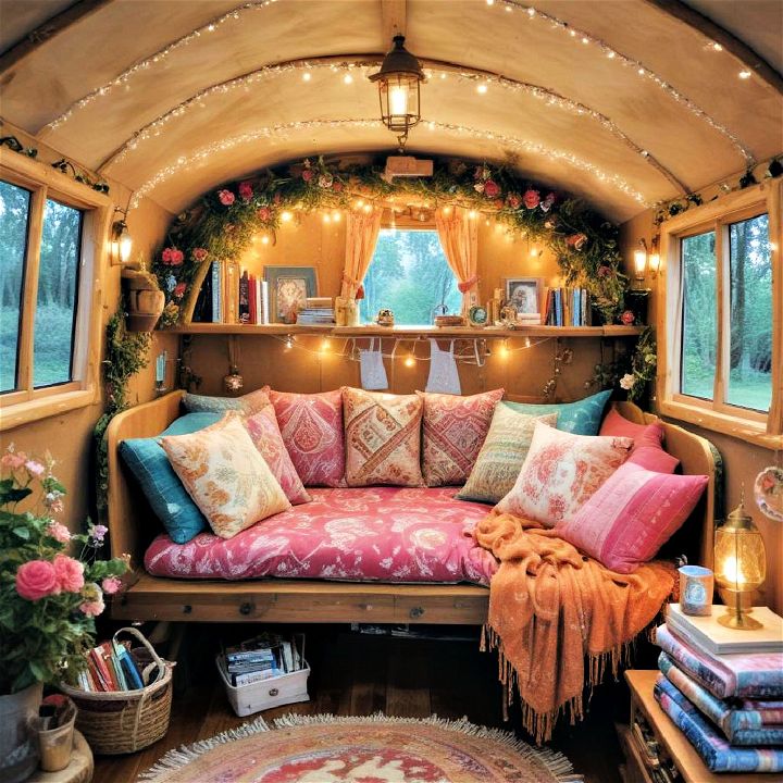 whimsical reading nook inside gypsy wagon