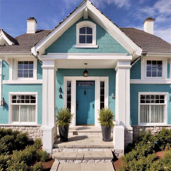 white and teal details home exterior
