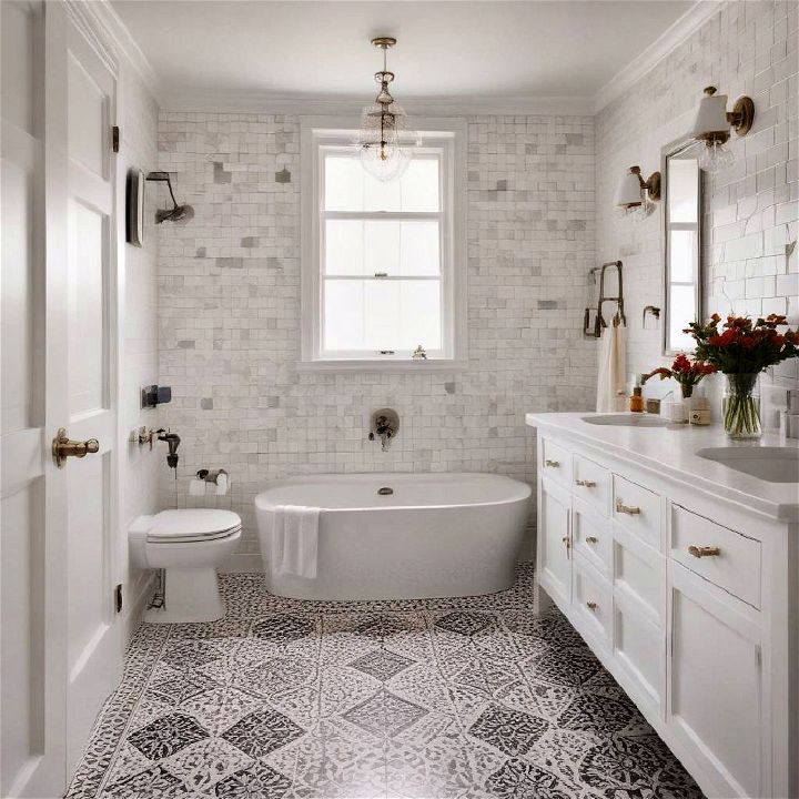 white bathroom with patterned floor tile