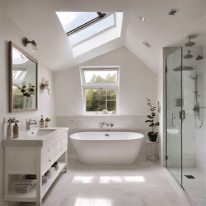 white bathroom with skylight
