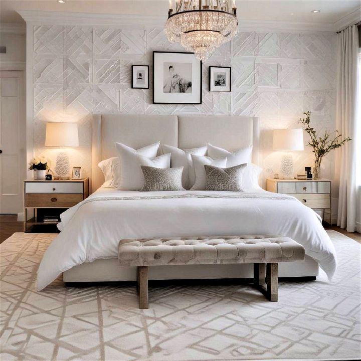white bedroom geometric pattern idea