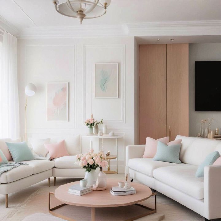 white living room with soft pastel accents