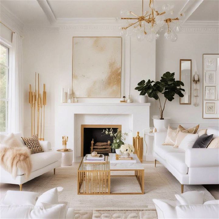 white with metallic accent living room