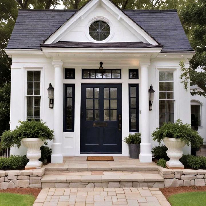 white with navy blue doors home exterior