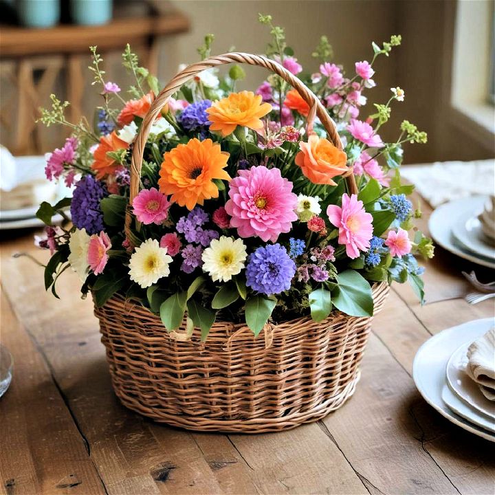 wicker basket filled with flowers centerpiece
