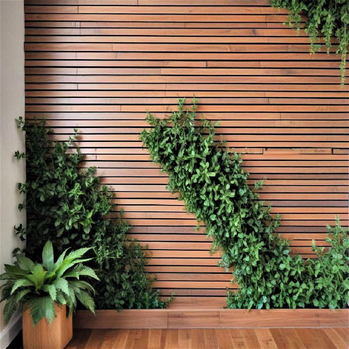 wood slat wall with greenery for relaxation