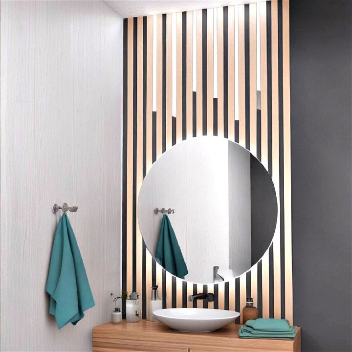 wood slat wall with mirrors to reflect light