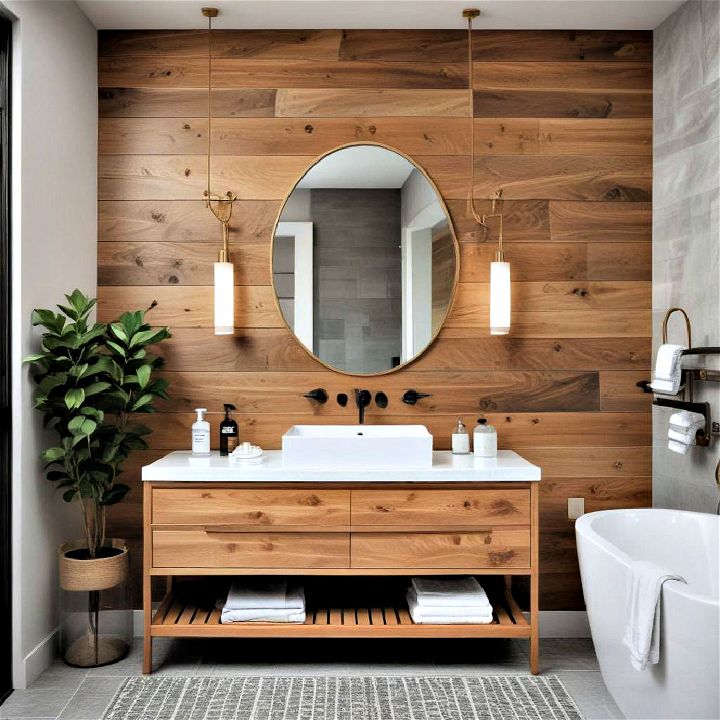 wooden accents wall modern bathroom