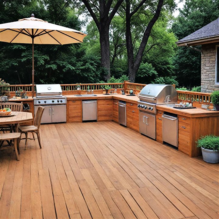 wooden deck with an outdoor kitchen