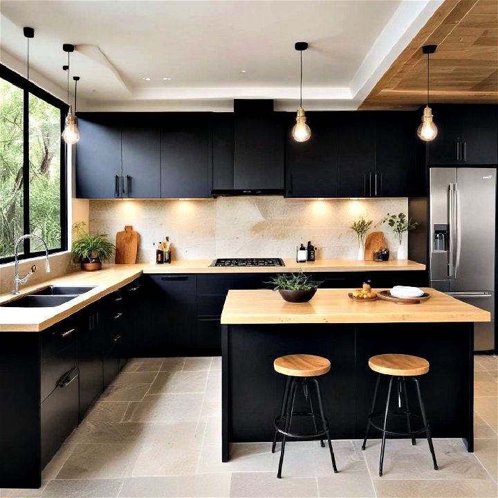 zen inspired kitchen with black cabinets