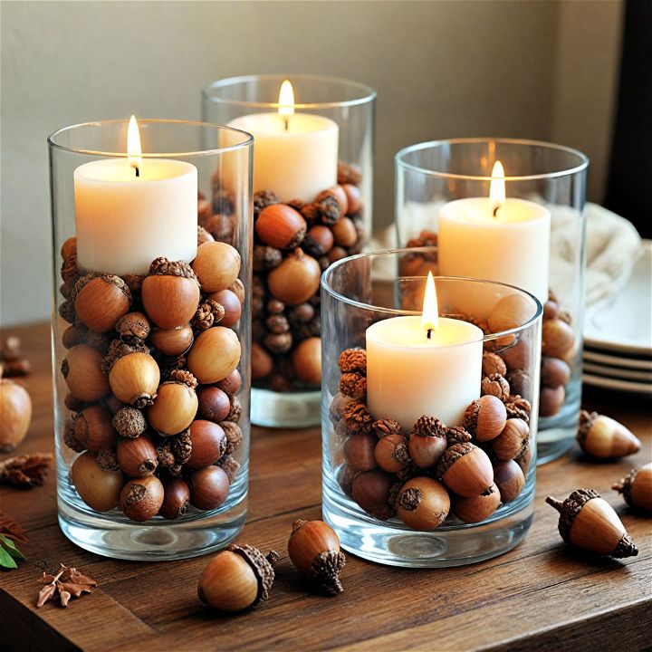 acorn filled candle holders for a warm glow
