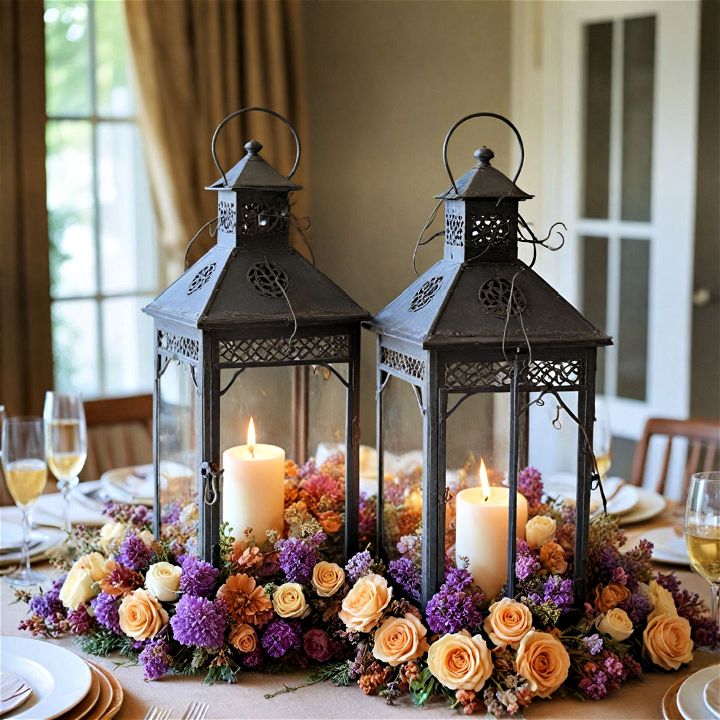 antique lanterns with dried flowers