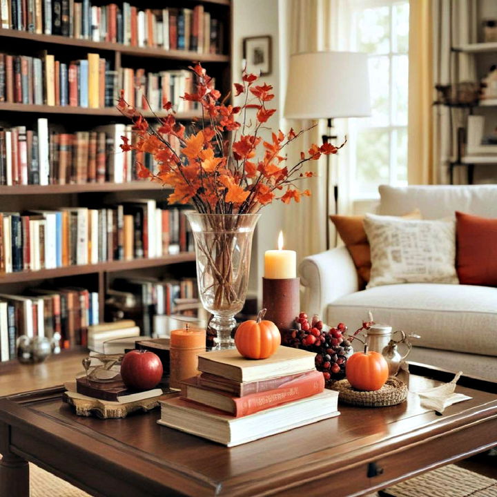 arranging books with fall related theme