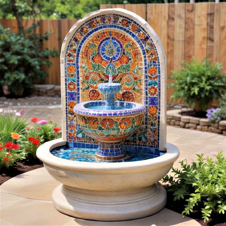 backyard with a mosaic fountain