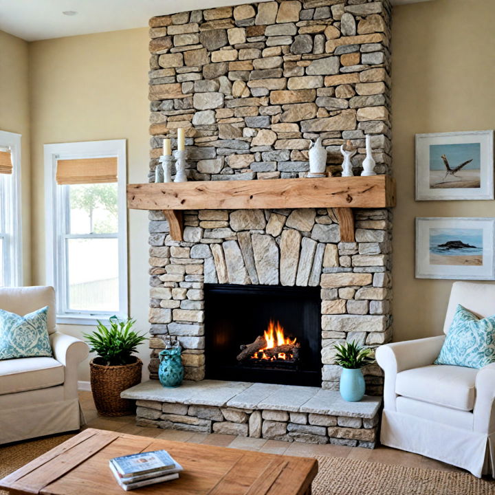 beach themed living room fireplace
