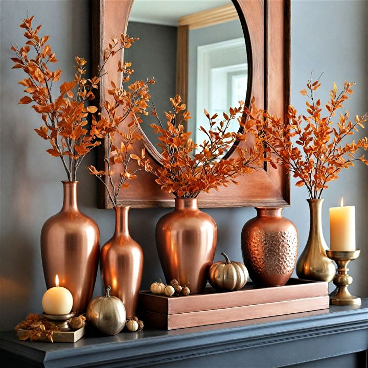 beautiful fall mantel decor with copper accents