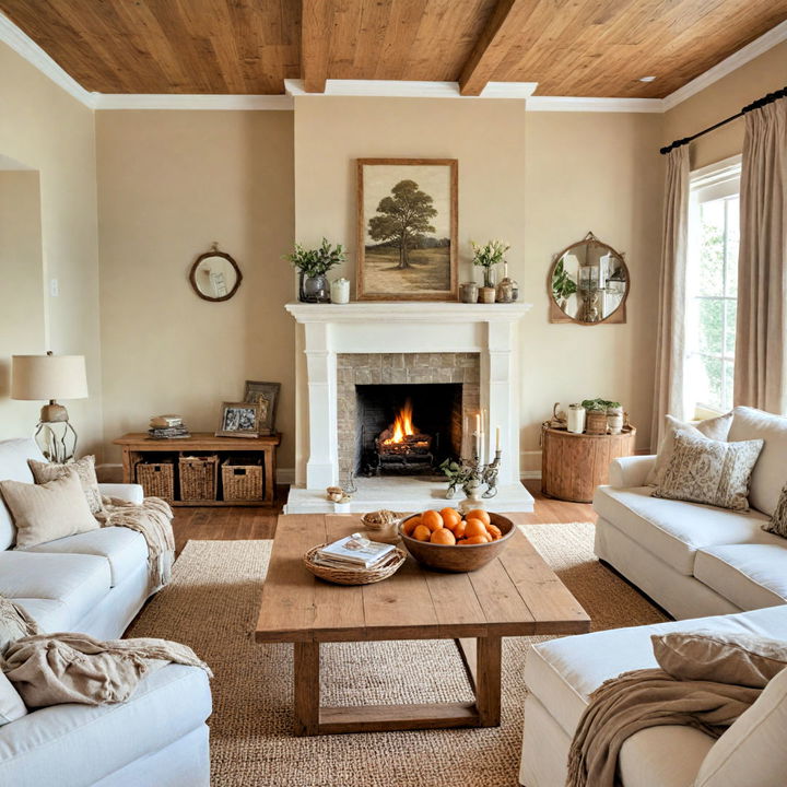 beautiful living room with burlap accents