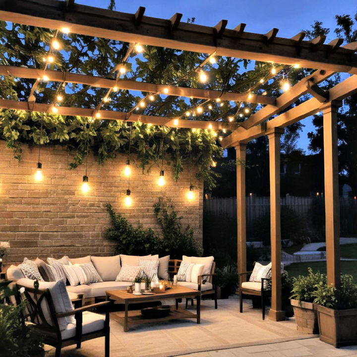 beautiful outdoor sitting area with pergola lights