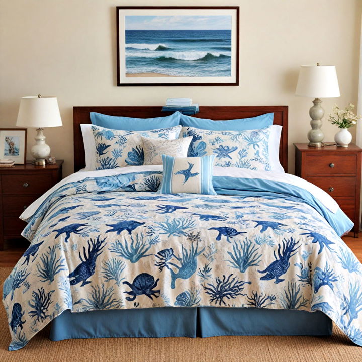bedroom with ocean themed bed linens