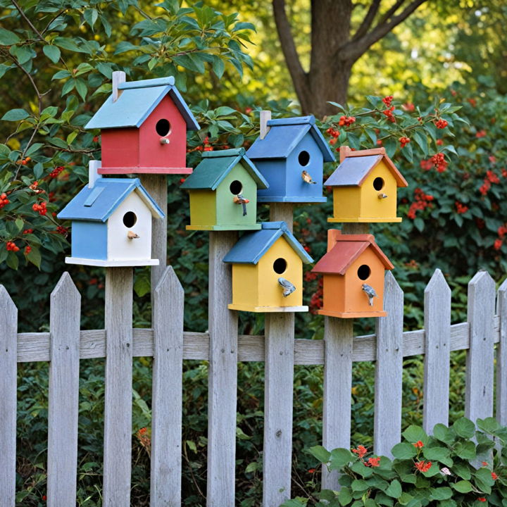 birdhouses and feeders for fence line